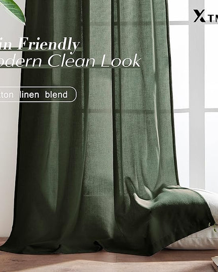 XTMYI 102 Inch Length Olive Green Sheer Linen Curtains 2 Panels Set,Hook Belt Pleated Back Tab Cotton Polyester Blend Light Filtering Semi Sheer Curtain Drapes for Living Room Bedroom,50x102 in Long