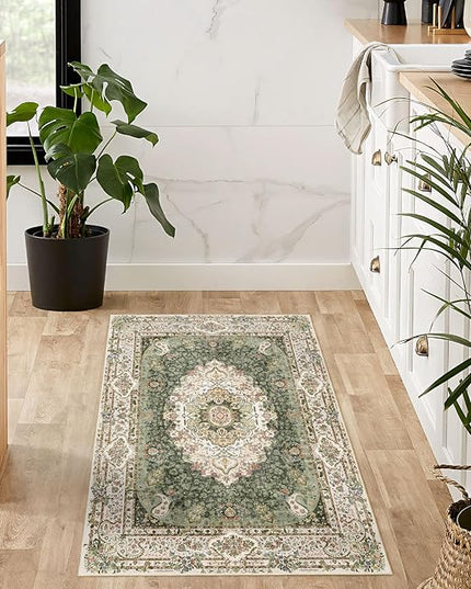 Small Rugs 2x3,Green Rug for Entryway Bathroom Bedroom Kitchen Entrance Doormat,Boho Vintage Bohemian Distressed Washable Accent Floor Throw Carpet Non Slip,Floral