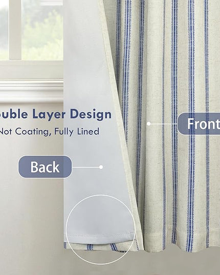 DriftAway Farmhouse Linen Blend Blackout Curtains 54 Inches Long for Bedroom Vertical Striped Printed Linen Curtains Thermal Insulated Lined Treatments for Living Room 2 Panels W52 x L54 Linen Navy