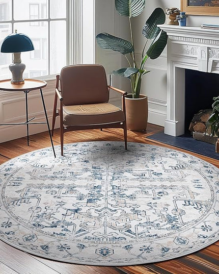 jinchan Lima Round Rug 7ft Vintage Machine Washable Area Rug Indoor Circle 7' Ultra-Thin Non-Slip Floral Print Carpet for Farmhouse Entryway Dining Room Living Room Bedroom Office (7'Round, Blue)