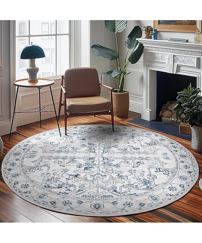 jinchan Lima Round Rug 7ft Vintage Machine Washable Area Rug Indoor Circle 7' Ultra-Thin Non-Slip Floral Print Carpet for Farmhouse Entryway Dining Room Living Room Bedroom Office (7'Round, Blue)