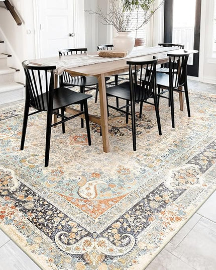 8x10 Area Rugs Washable,Vintage Rug for Living Room Bedroom Dining Room,Large Boho Bohemian Distressed Carpet Non Slip,Retro Blue Grey Floral