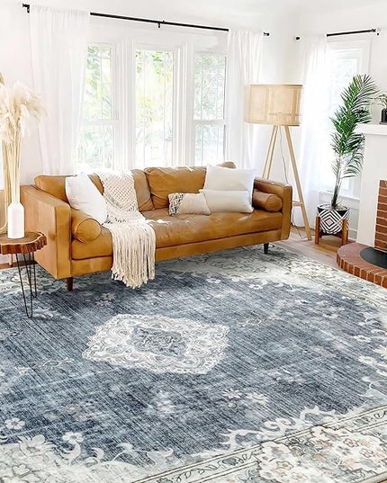 MUJOO Blue Grey Rug 9'x12' Area Rugs for Living Room Dining Room Washable Rugs Large Rug Boho Rug for Bedroom Non Slip Abstract Soft Low-Pile Floral Flowers