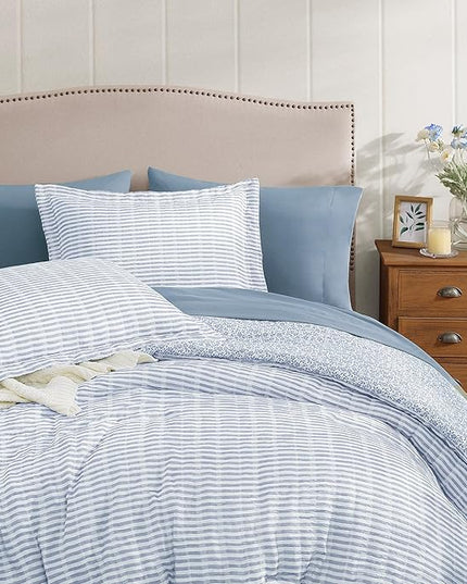 King Comforter Set - 7 Pieces Blue Gauze Muslin Bedding Sets for All Seasons, Lightweight Breathable Bed in a Bag King with Revesible Farmhouse Comforter, Sheets, Pillowcases & Shams