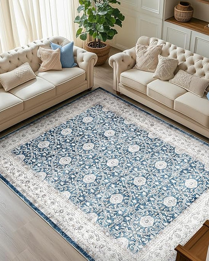 jinchan Floral 6x9 Area Rug for Living Room - Machine Washable Vintage Distressed Boho Design Throw Rug Stain Resistant Carpet Low-Pile Thin Non-Slip for Bedroom Dining Room Nursery (6‘x9', Dark Blue)