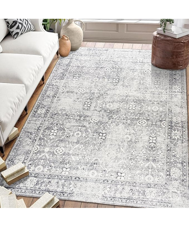 ReaLife Rugs Machine Washable Area Rug - Living Room Bedroom Bathroom Kitchen Entryway Office - Padded Low Pile Stain Resistant Premium - Boho Farmhouse Vintage - Noor - Silver Ivory 7'6" x 9'6"