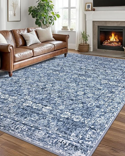 8x10 Area Rug Blue, Vintage Floral Large Washable Rug for Living Room Non-Slip Ultra Soft Bedroom Rug Tribal Traditional Farmhouse Carpet for Dining Room Office Home Décor