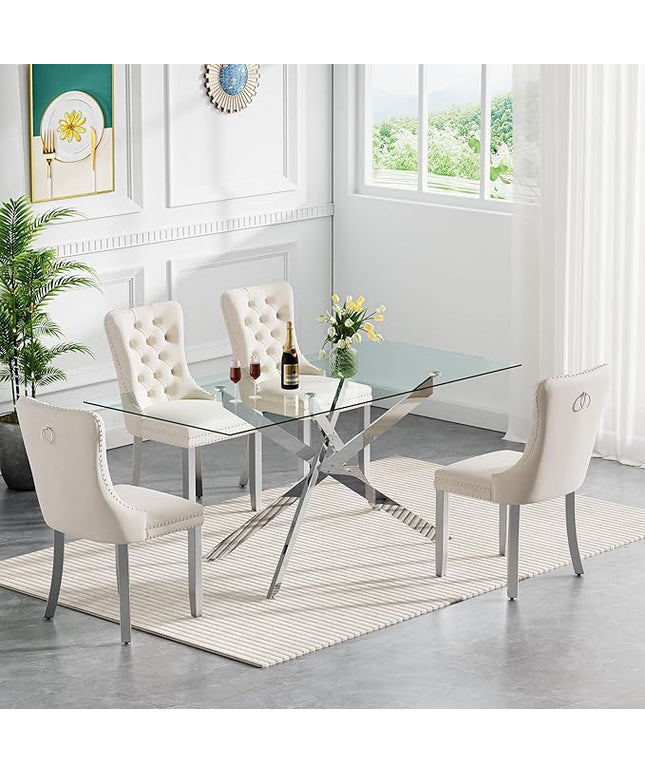 Modern 5-Piece Glass Dining Table Set for 4, Modern 60" Rectangle Silver Glass Dining Room Table Set with Milk White Velvet Tufted Chairs Wood Legs for Kitchen Dining Room