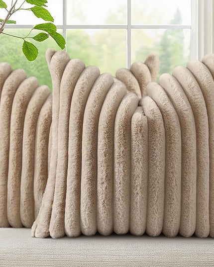 decorUhome Faux Fur Spring Throw Pillow Covers 20x20 Set of 2, Decorative Soft Plush Striped Neutral Couch Euro Pillow Covers with Velvet Back for Sofa, Bed, Living Room Home Decor, Khaki Brown