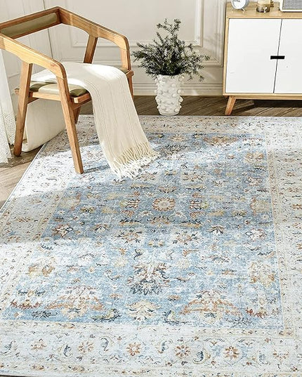 jinchan Area Rug 3x5 Entryway Rug - Washable Vintage Boho Floral Floor Cover Lightweight Low Pile Indoor Doormat Thin Non-Slip Carpet for Kitchen Living Room Bedroom Dining Room Office Light Blue