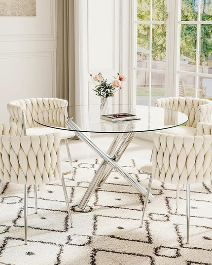 5 Pieces Round Glass Dining Set, Modern Luxury Circle Kitchen Table Set for 4, 47'' Clear Minimalist Circular Glass Top Dinner Room Set with Ivory Woven Chair, for Large Apartment (Silver)