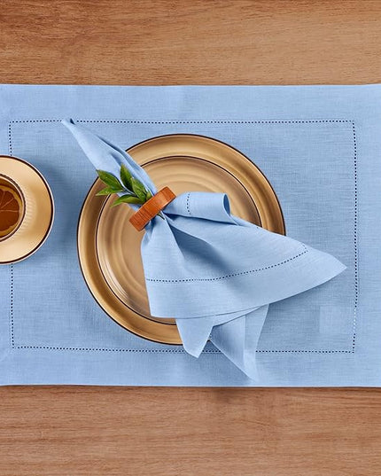 Solino Home Linen Cloth Placemats Set of 4-100% Pure Linen Hemstitch Cornflower Blue Placemats 14 x 19 Inch - Classic Hemstitch Table Place Mats for Christmas, Holiday, New Year
