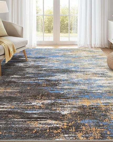 Modern Abstract Living Room Rug 8x10, Washable Area Rugs for Bedroom, Stain Resistant Non Slip Large Rug, Soft Indoor Carpet for Dining Room Table Home Decor, Blue/Brown
