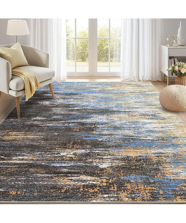 Modern Abstract Living Room Rug 8x10, Washable Area Rugs for Bedroom, Stain Resistant Non Slip Large Rug, Soft Indoor Carpet for Dining Room Table Home Decor, Blue/Brown