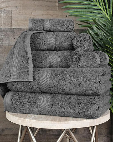 Superior Egyptian Cotton Pile 8 Piece Towel Set, Includes 2 Bath, 2 Hand, 4 Face Towels/Washcloths, Ultra Soft Luxury Towels, Thick Plush Essentials, Guest Bath, Spa, Hotel Bathroom, Charcoal