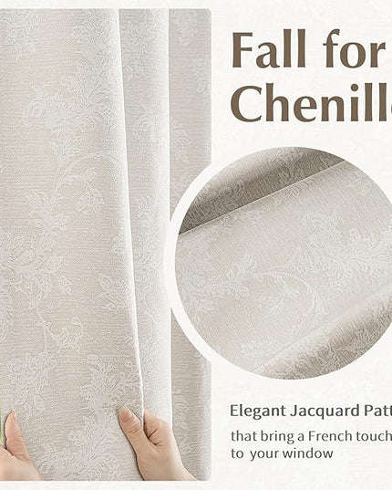 FMFUNCTEX Beige Floral Jacquard Blackout Curtains 90 Inches Long for Bedroom, Scroll Flower Chenille Farmhouse Curtains for Living Room Darkening Thermal Insulated Grommet Window Drapes 2 Panels