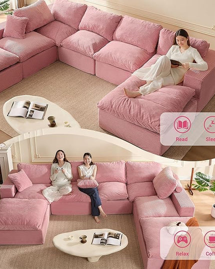 137.8” Sectional Couches for Living Room, Cloud Couch, Modular Sectional Sofa, Convertible Sofas Bed, Deep Seat Sofa, Sleeper Sofa Full Size, Corduroy, Pink