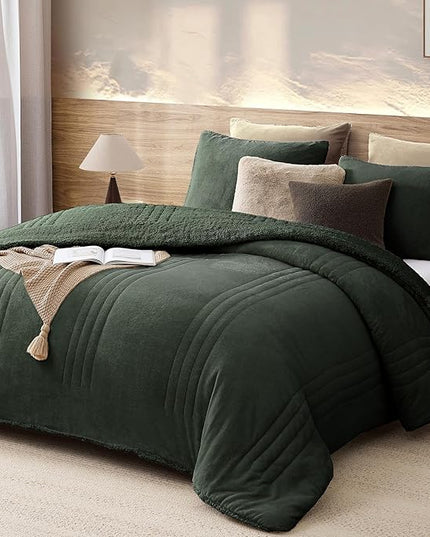 Monbix Fluffy Full Comforter Set Deep Forest, Sherpa Plush Fuzzy Comforter 3 Piece for Full Size Bed, Luxury Soft Winter Warm Bedding Set