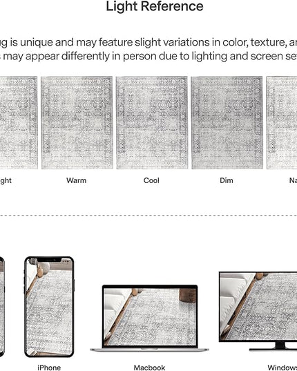 ReaLife Rugs Machine Washable Area Rug - Living Room Bedroom Bathroom Kitchen Entryway Office - Padded Low Pile Stain Resistant Premium - Boho Farmhouse Vintage - Noor - Silver Ivory 5' x 7'