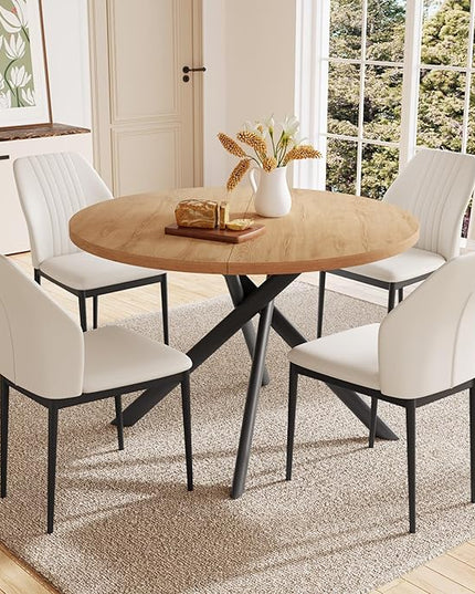 45.3 Inch Round Dining Table Set for 4, Mid Century Modern Small Kitchen Coffee Set for Dining Room Kitchen Apartment (Oak Table + 4 White Chairs)