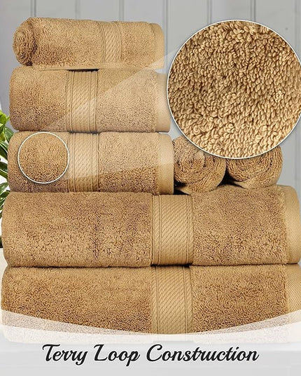 Superior Egyptian Cotton Pile 9 Piece Towel Set, Includes 3 Bath, 3 Hand, 3 Face Towels/Washcloths, Ultra Soft Luxury Towels, Thick Plush Essentials, Guest Bath, Spa, Hotel Bathroom, Toast