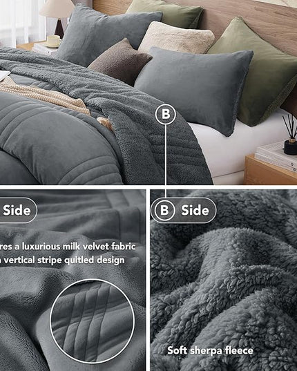 Monbix Fluffy King Size Comforter Set Blue Grey, Sherpa Plush Fuzzy Comforter 3 Piece for King Size Bed, Luxury Soft Winter Warm Bedding Set