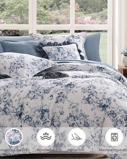 Full Comforter Set -7 Pieces Floral Blue Comforter Set for All Seasons, Bed in a Bag Full with Botanical Flowers Comforter, Sheets, Pillowcases & Shams