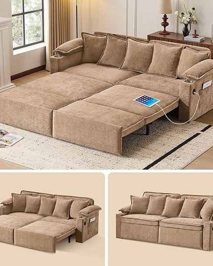 SUNWAVE 83" King Size Pull Out Sofa Bed, 4-in-1 Convertible Sleeper Sofa Bed with USB Ports, Cup Holders, Side Pockets, Corduroy Oversized Loveseat Chaise Lounge for Living Room, Small Space
