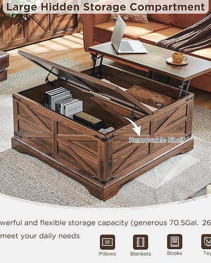 JXQTLINGMU Farmhouse Lift Top Coffee Table with Storage, 36" Wood Square Center Table with Large Hidden Compartment, Rustic Lift Tabletop Dining Table for Home Living Room, Brown