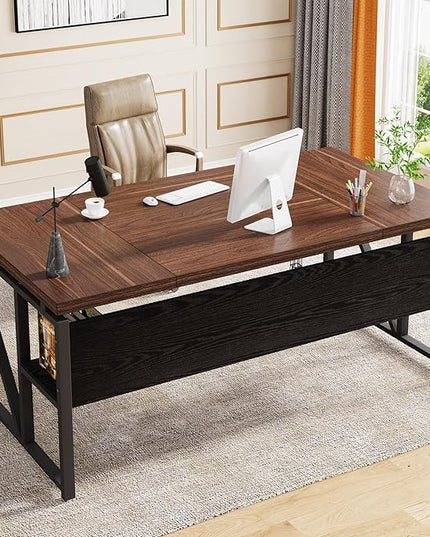 Tribesigns 63 inches Computer Desk with Bottom Storage Shelf Home Office Desk Writing Table for Workstation, Dark Walnut + Steel Leg, Cabinet not Included (Dark Brown, 63-inch-with-Shelf)