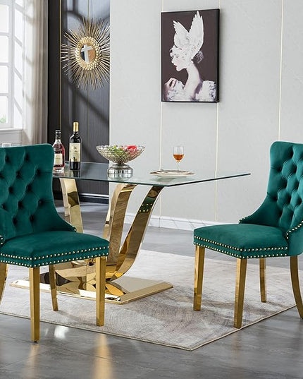 70" Modern Gold Glass Dining Table Set for 6, 7-Piece Rectangle Kitchen Dining Room Table Set with Steel Base & 6 Green Velvet Upholstered Chairs, Modern Glass Kitchen Table and Chairs Set of 6