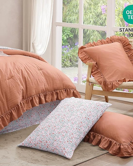 Queen Comforter Set - 7 Pieces Ruffle Autumn Leaf Bedding Sets, Shabby Chic Farmhouse Bed in a Bag Queen with Ruffle Comforter, Floral Sheets, Pillowcases & Shams