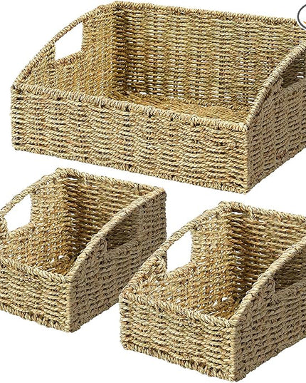 Ollieroo Natural Seagrass Storage Baskets, Handwoven Wicker Storage Bins with Built-in Handles, Storage Container Baskets for Shelves, Bedroom, Bathroom, Laundry Room or Kitchen(Green)