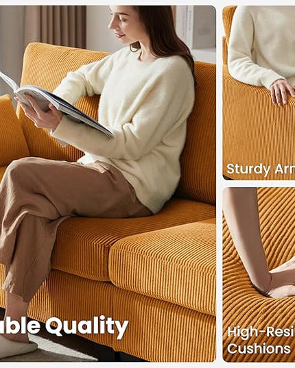 CHIC HOUSE Corduroy Modular Sectional Couch with Ottoman Chaise, L/U Shaped Sleeper Sofa for Living Room, Apartment, Lounge, Modern Armrest Neck Support Furniture (5 Seater Sectional, Mustard Yellow)