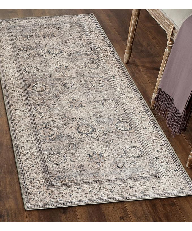 ReaLife Rugs Machine Washable Area Rug - Living Room Bedroom Bathroom Kitchen Entryway Office - Padded Low Pile Stain Resistant Premium - Boho Farmhouse Vintage - Paz - Beige Gray Ivory 2'6" x 10'