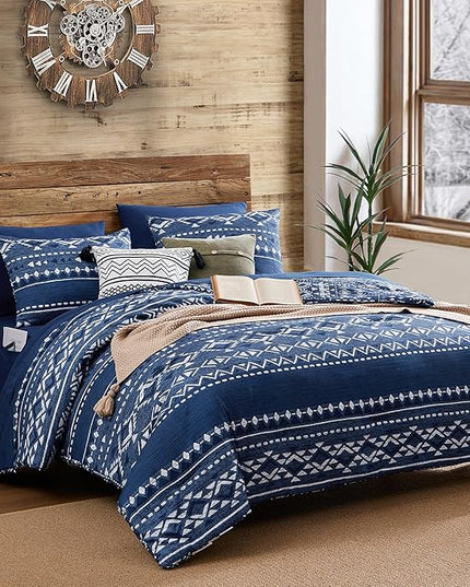 Geniospin Full Comforter Set - 7 Pieces Comforters Full Size, Fluffy Boho Bedding Sets for All Seasons, Bed in a Bag with Flat Sheet and Fitted Sheet, Pillowcase & Sham (Blue, 80''x90'')