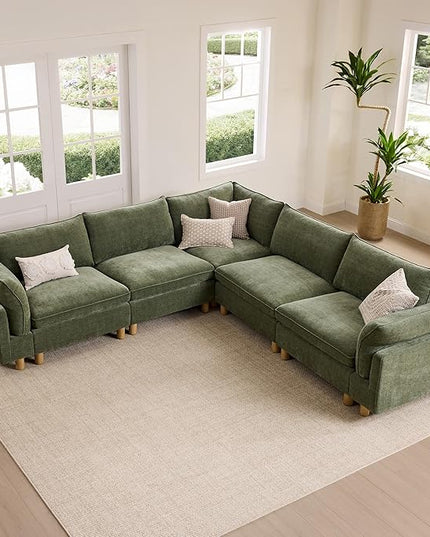 CHITA 118" Super Large Sectional Couches for Living Room, Modular Cloud Couch Sectional Sofa, Premium Fabric Couches, Down Filled, High Density Foam, Chenille in Green, 5 Seat Corner Couch