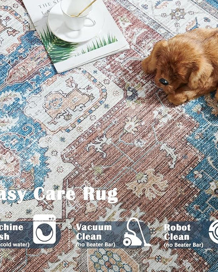 jinchan 5x7 Area Rugs for Bedroom - Machine Washable Tribal Vintage Floral Stain Resistant Ultra-Thin Low-Pile Non-Slip Distressed Carpet for Living Room Dining Room Kitchen