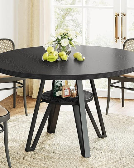LIKIMIO Round Dining Table for 4, 47.2” Wooden Kitchen Table with Rattan Storage Shelf, Space-Saving for Modern Dining Room, Living Room, Black