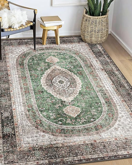 Green Rug 3x5,Washable Area Rugs for Bedroom Living Room Kitchen Entryway,Small Boho Vintage Bohemian Distressed Oriental Non Slip Carpet