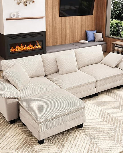 123-Inch L Shaped Sectional Sofa with Cloud Cushions, Deep Seat Modular Couch Set w/ 4 Seats & 1 Ottomans, Plush Chenille & Corduroy Upholstery for Living Room, Apartment - Beige