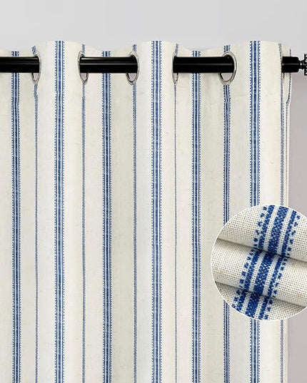 DriftAway Farmhouse Linen Blend Blackout Curtains 96 Inches Long for Bedroom Vertical Striped Printed Linen Curtains Thermal Insulated Lined Treatments for Living Room 2 Panels W52 x L96 Navy
