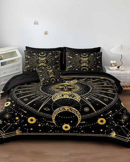 Bedbay Sun Moon Comforter Set 8 Pcs Black and Gold Trippy Galaxy Bedding Set Bed in a Bag Constellation Horoscope Bedding King Bed Set Cosmos Celestial Decor Quilted Duvet Insert(Gold,King)