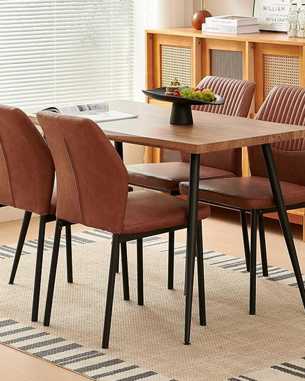 Dining Table Set for 4, Modern Wood Irregular Rectangle Dining Table,Leather Dining Chairs 4,Table and Chairs Set of 4 for Kitchen Dining Room, Brown