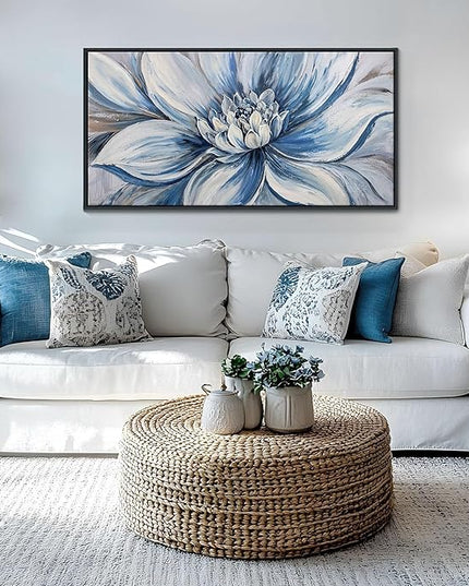 Pogusmavi Blue Floral Wall Art for Living Room - Large Textured Flower Pictures for Bedroom - Canvas Paintings, Extra Large Blue and White Wall Decor Dining Room Artwork for Walls 20×40IN