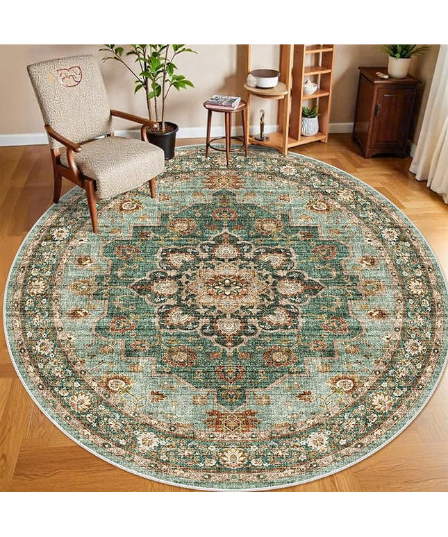 Washable Oriental Area Rug - 8ft Round Rugs for Living Room Soft Carpet for Bedroom Waterproof Floral Distressed Indoor Stain Resistant Non-Shedding Floor Carpets (Green, 8ft-Round)