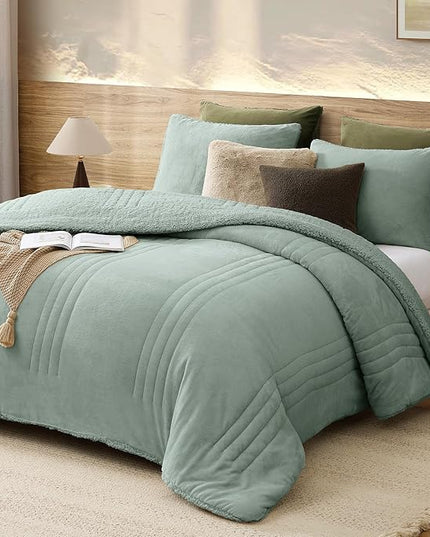 Monbix Fluffy King Size Comforter Set Sage Green, Sherpa Plush Fuzzy Comforter 3 Piece for King Size Bed, Luxury Soft Winter Warm Bedding Set