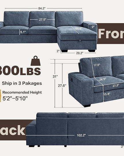 PARKOL 102" L-Shaped Sectional Couch with Storage, Sofa with Reversible Chaise, USB Type-C Charging, Chenille Fabric, Removable Cushion Covers, for Small Space, Apartment, Living Room, Blue