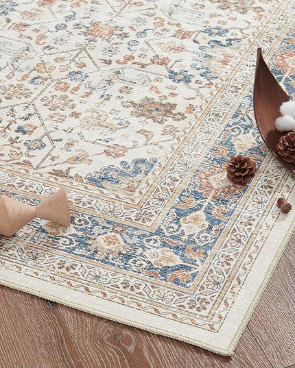jinchan Area Rug 4x6 Washable Bedroom Rug Vintage Distressed Orange Multi Floral Floor Cover Indoor Mat Retro Carpet Living Room Kitchen Office Farmhouse