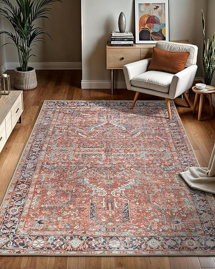 GLN Rugs Traditional Collection - Machine Washable Area Rug, Traditional Washable, Non Slip, Low Pile Chenille Rug, Living Room, Bedroom, Kitchen Rug (6'x9' Terra Cotta)